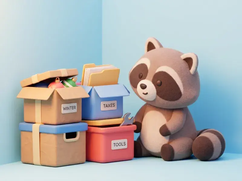 Seasonal bins, tools and documents stored on shelves in a home garage