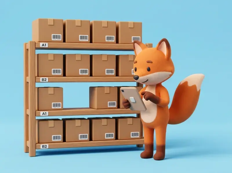 Packaging, mailers and stock organised on stockroom shelves for an online store